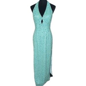 Scala Silk Beaded Maxi Dress Medium Blue Green Mermaid Prom Formal Sparkle